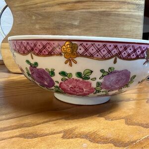 Vintage Hand Painted Floral Ceramic Bowl with Gold Accents